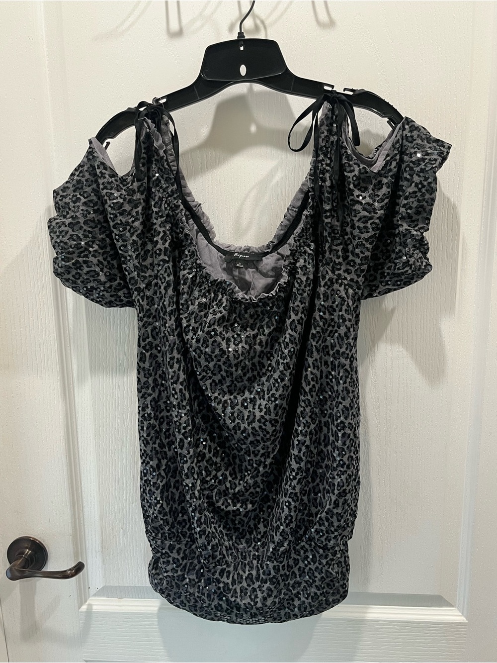 Express Black and Gray Leopard Cold-Shoulder Blouse